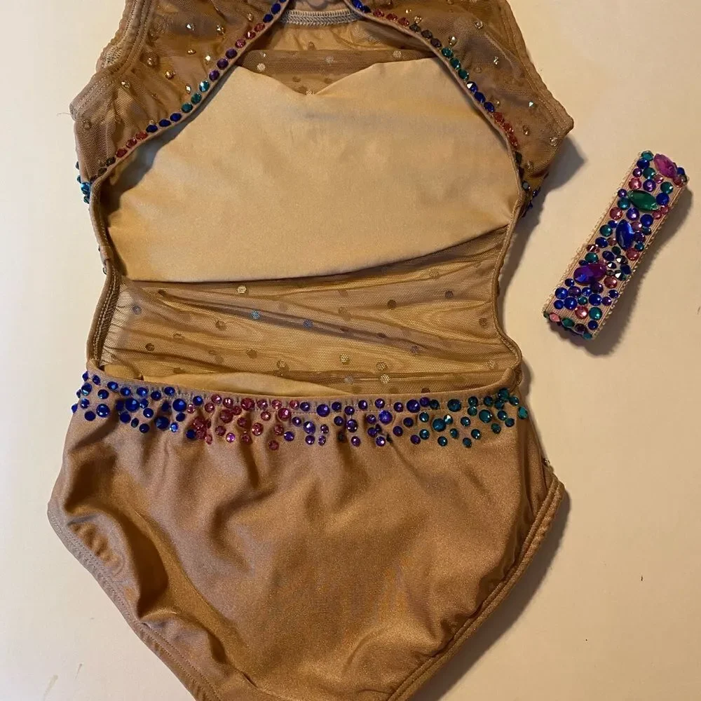 AA dance design costume solo tan beige nude illusion custom rhinestone ombre S